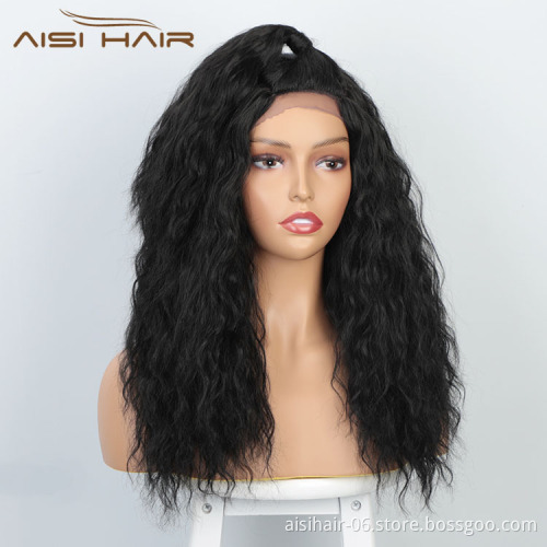 Aisi Hair 18 Inch Long Body Wave Natural Black Wig With Ponytail Swiss Lace Wig Water Wave Synthetic Hair Wigs For Black Women